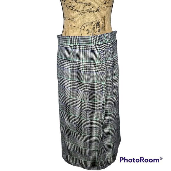 Vintage  80s Black White Green Plaid Wool Midi Skirt - Picture 1 of 12